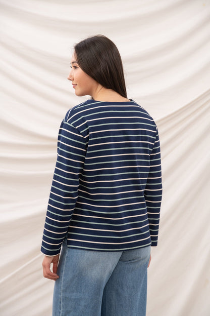 Causeway Breton Top - Navy Cream Sage Stripe - Lighthouse