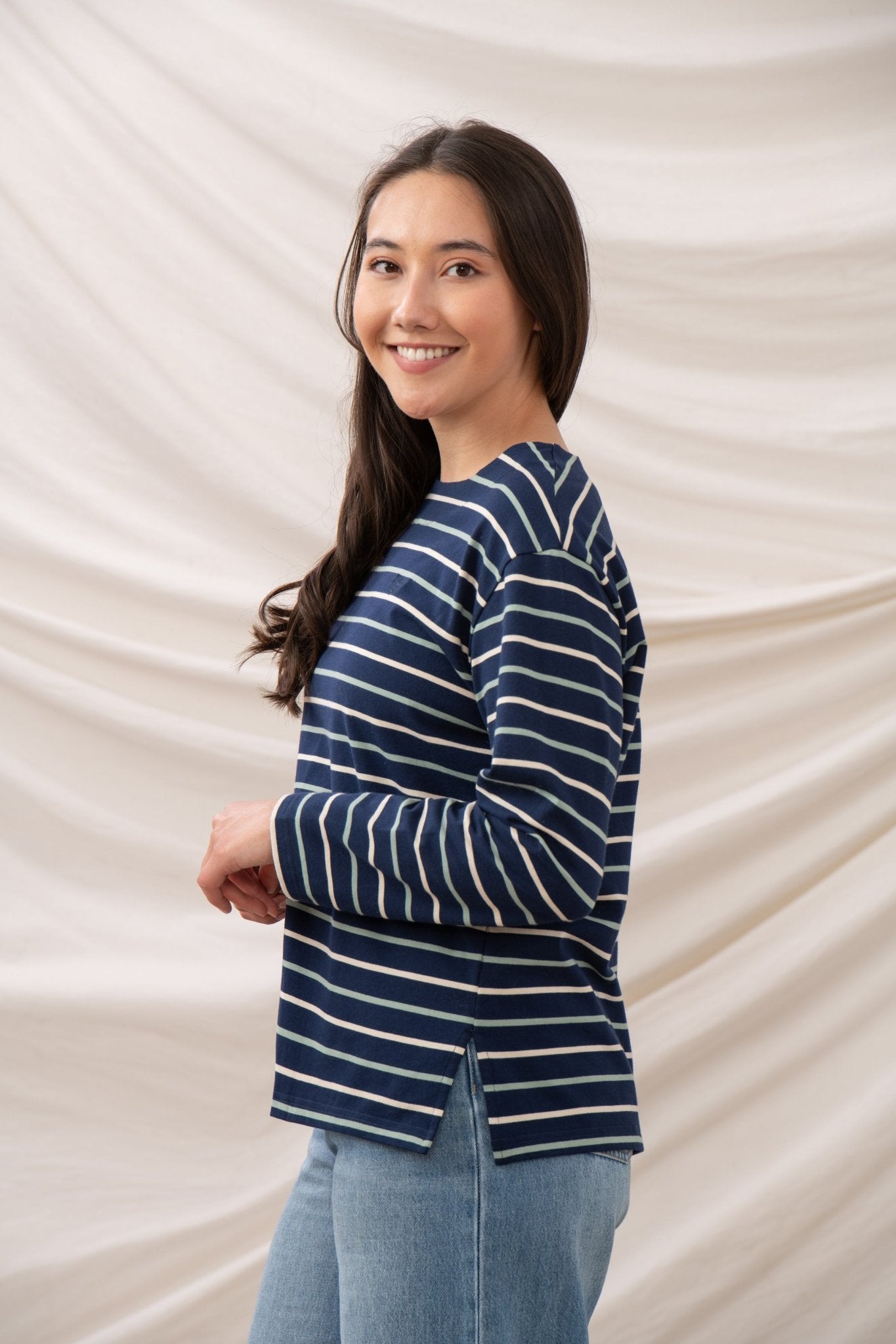 Causeway Breton Top - Navy Cream Sage Stripe - Lighthouse