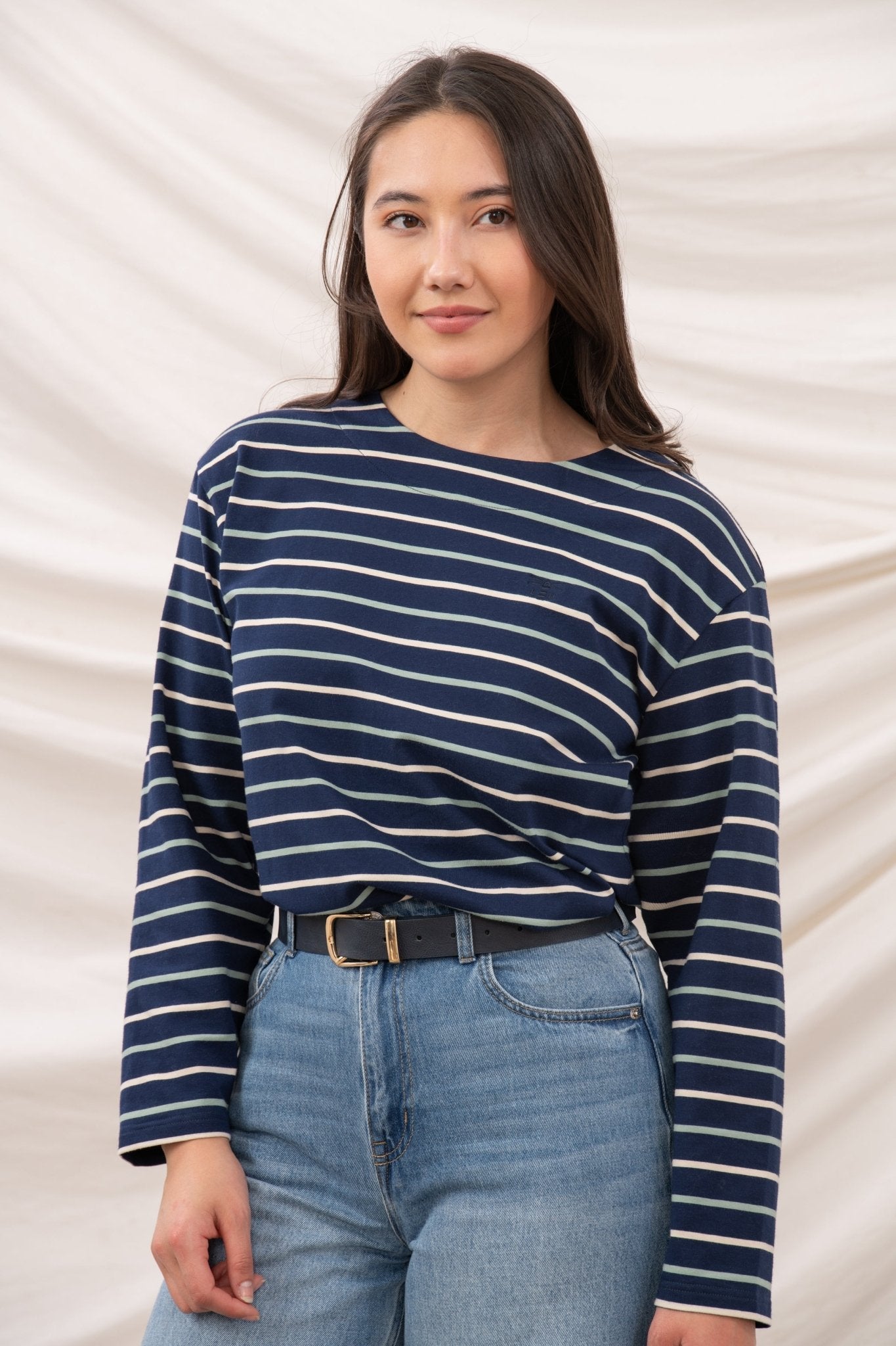 Causeway Breton Top - Navy Cream Sage Stripe - Lighthouse