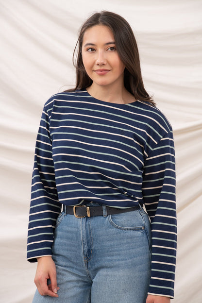 Causeway Breton Top - Navy Cream Sage Stripe - Lighthouse