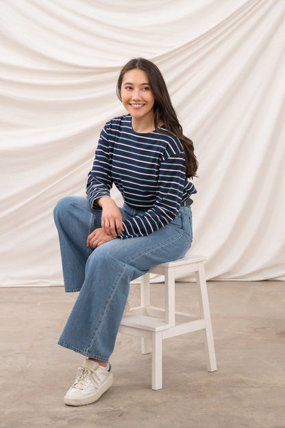 Causeway Breton Top - Navy Cream Sage Stripe - Lighthouse