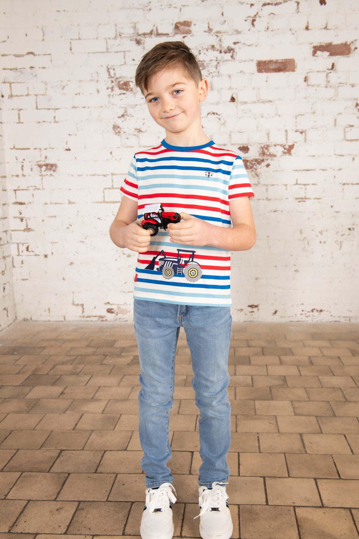 Oliver Short Sleeve Top - Red Blue Stripe Tractor - Lighthouse