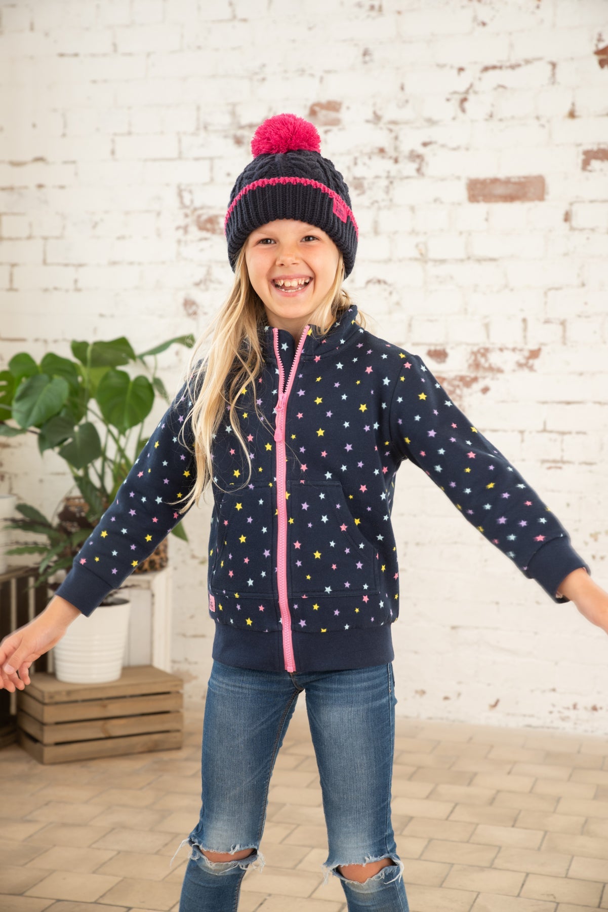 Ava Full Zip Top - Navy Star Print-Lighthouse