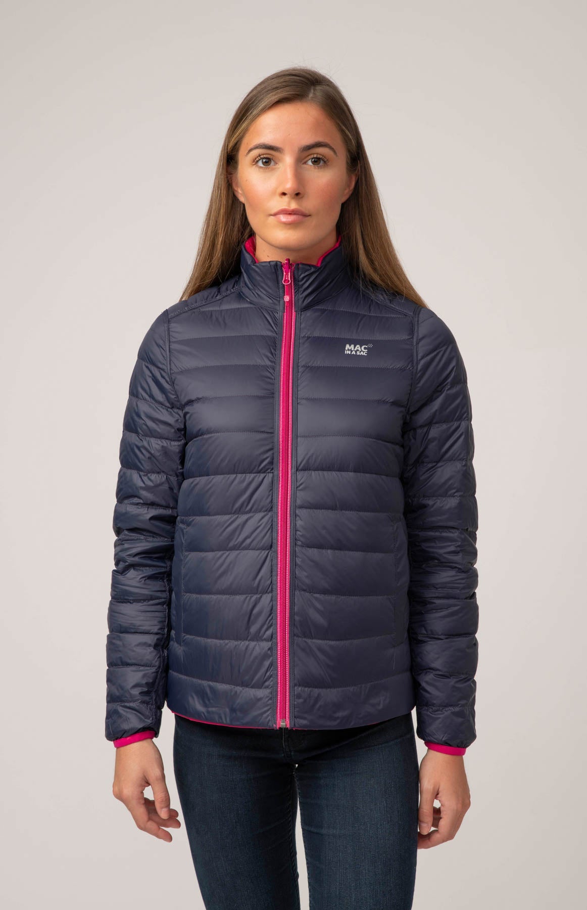 Polar II Womens Down Jacket - Fuchsia Navy-Mac in a Sac